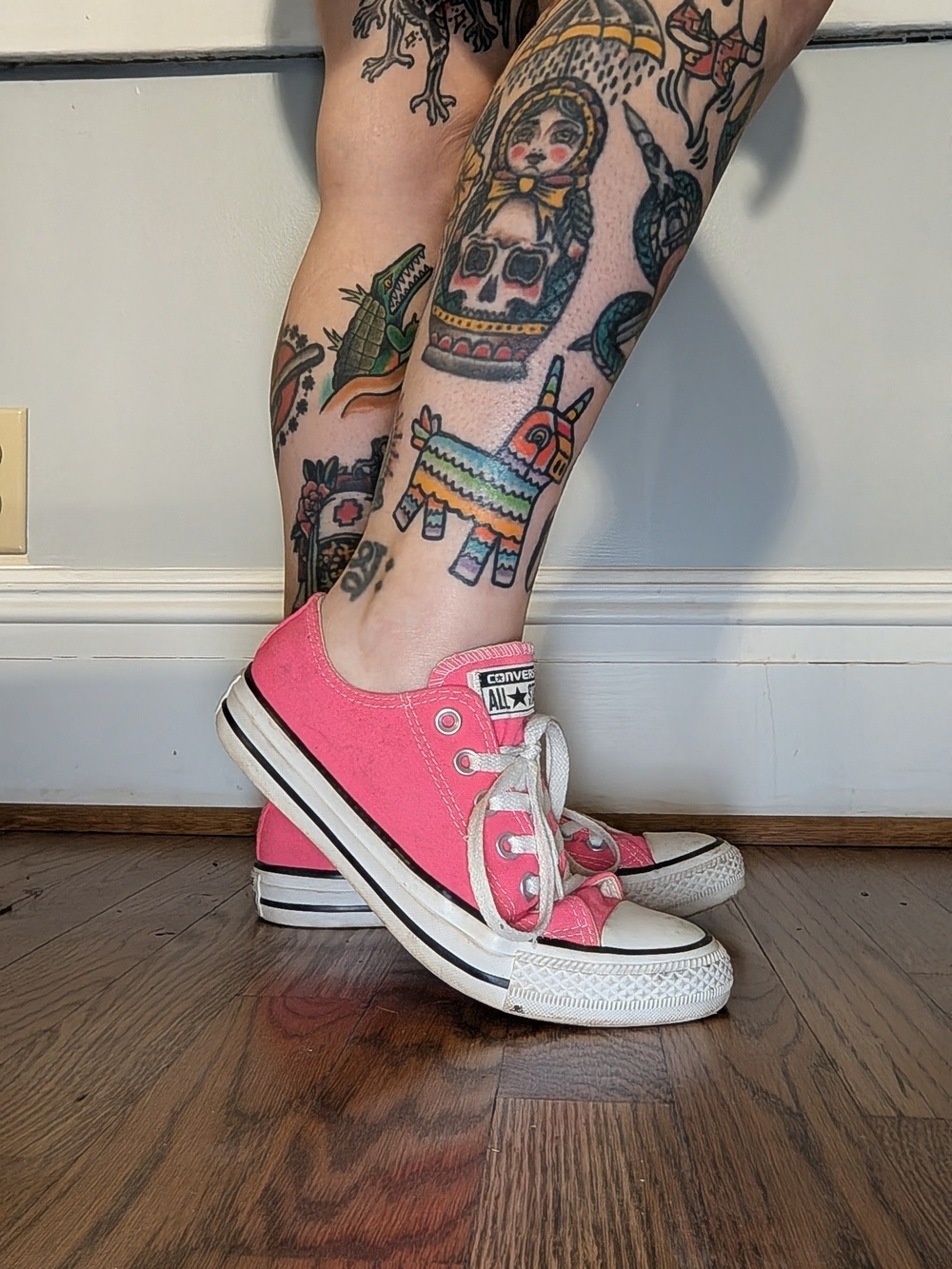 Converse Neutral Canvas Low Top Sneakers with Pink Accent